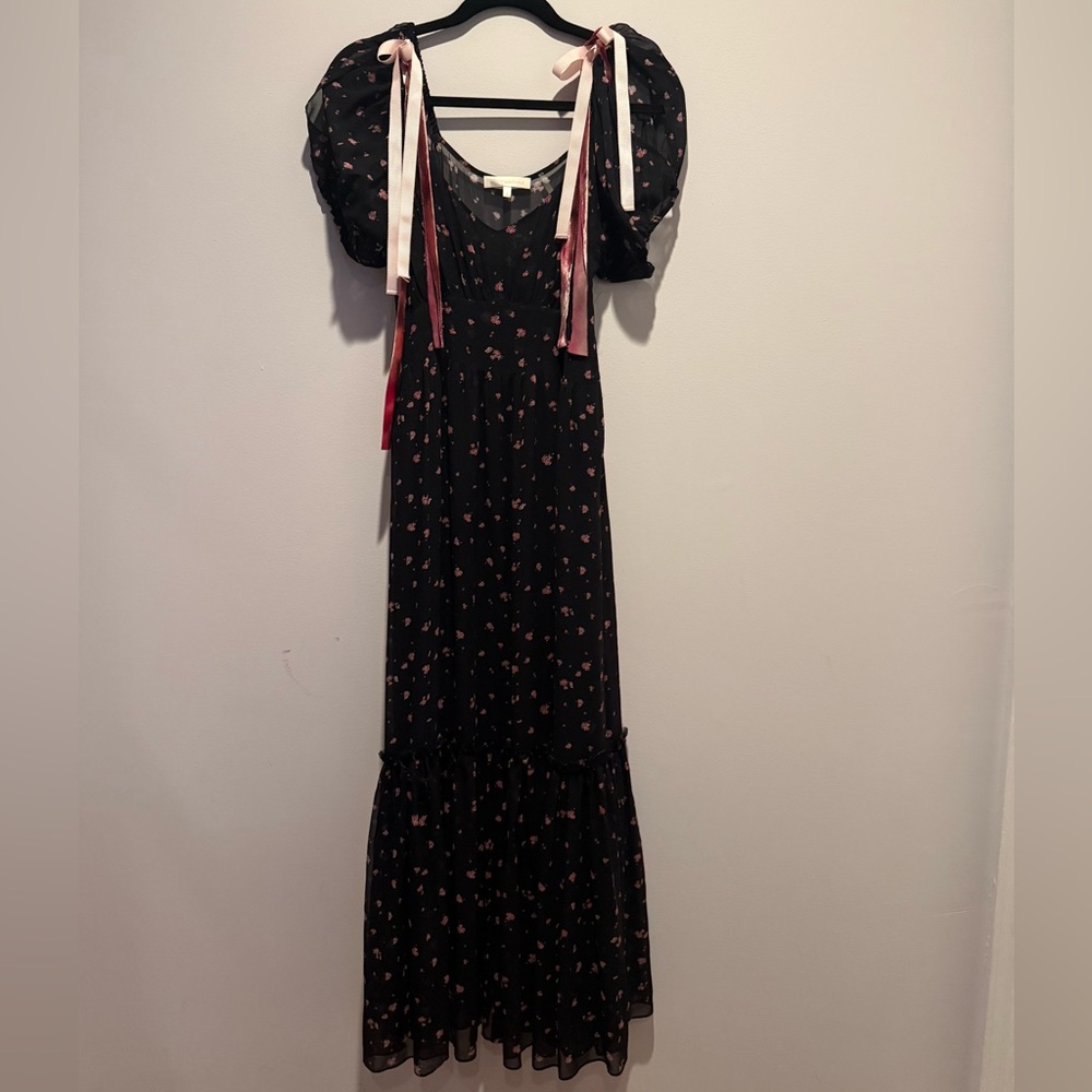 LoveShackFancy Angie Black Maxi Dress with Pink Floral Pattern Size 2